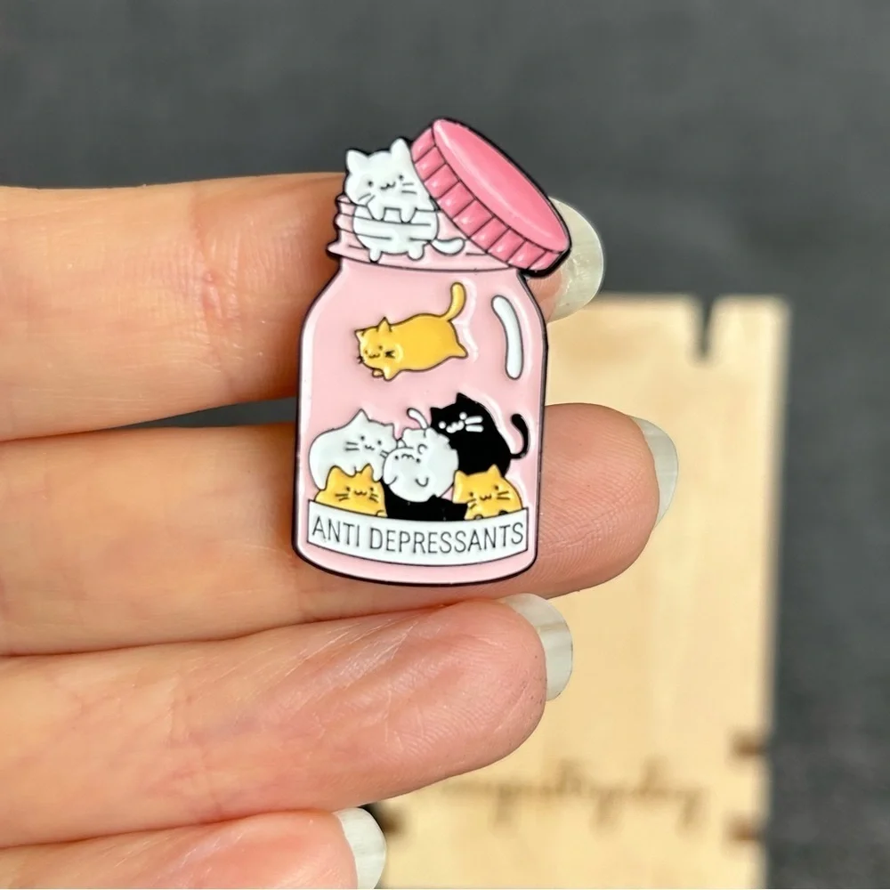 Fun, Kawaii Style ANTIDEPRESSANTS Cat Brooch Pin, Pink, Black, Gold, White